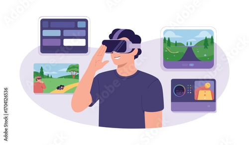 Person experiencing virtual reality metaverse environments and digital content creation isolated on white background