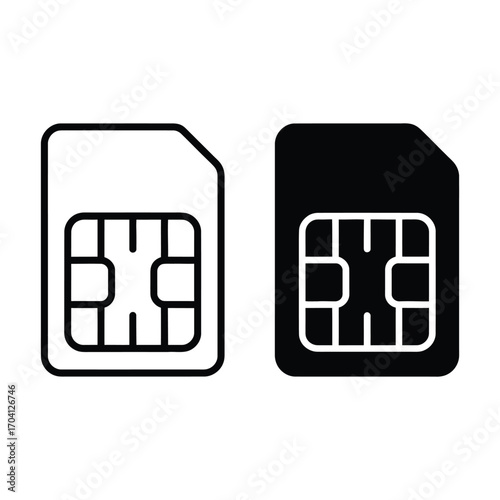 Minimalist black and white icon of two SIM cards with circuit design, shown in line art and solid versions side by side