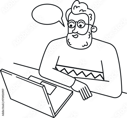 Old man holding videoconference black-and-white
