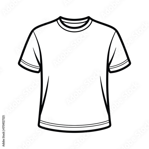 Minimalist black line drawing of a plain white t-shirt with crew neck, short sleeves, and relaxed fit in front view illustration