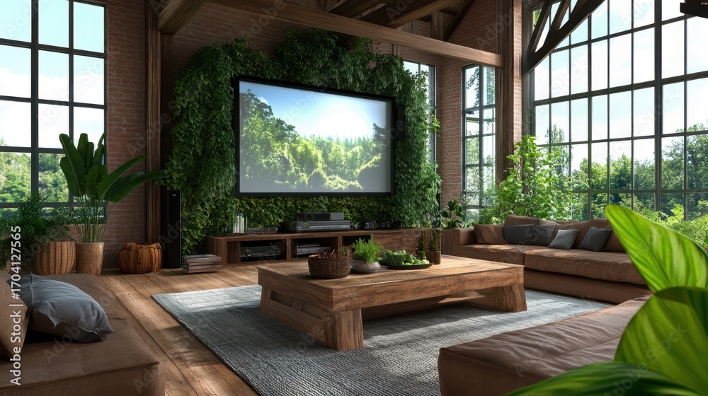 Fototapeta premium Rustic-meets-modern living room with natural greenery and a full wall for projection