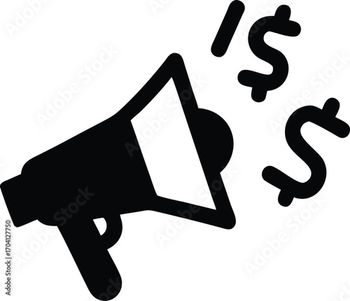 Black silhouette of a megaphone with dollar signs emanating from it on a white background bullhorn