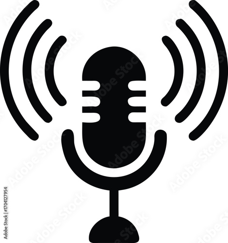 Black Silhouette of a Microphone with Sound Waves on a White Background podcast broadcasting