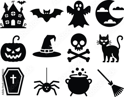 Halloween icons spooky castle bat ghost moon pumpkin witch hat skull cat coffin spider cauldron