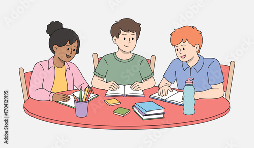 Three diverse children sitting at a table playing a game together in a classroom setting isolated on white background
