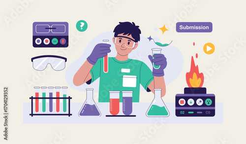 Young scientist engaged in chemistry experiment with test tubes and flames isolated on white background