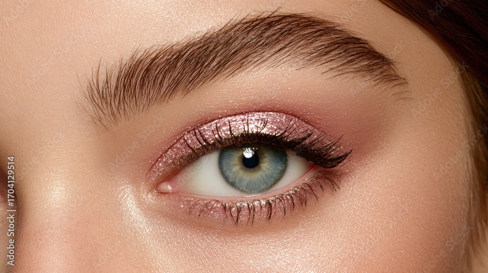 Naklejka premium Stunning Close-Up of a Womans Eye Showcasing Elegant Makeup and Shimmering Eyeshadow in Soft Pink Tones