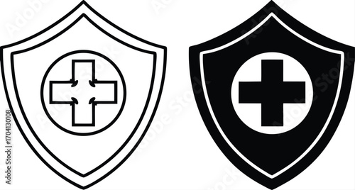 Health Protection Icons. Black and White Vector Illustrations. Shield and Plus Sign. Strengthening and Restoring Human Health, Preventing Diseases and Injuries. Concept Protection

