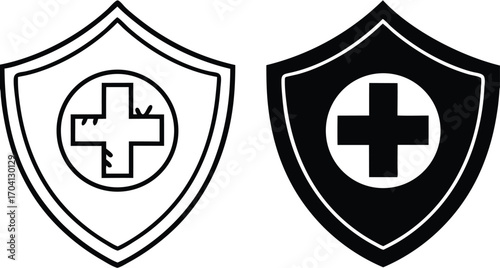 Health Protection Icons. Black and White Vector Illustrations. Shield and Plus Sign. Strengthening and Restoring Human Health, Preventing Diseases and Injuries. Concept Protection


