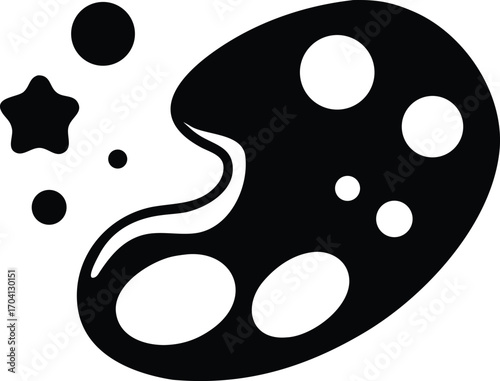 Black Silhouette of an Artist's Palette with Paint Splatters and a Star on a White Background Keywords: art, palette, painting, artist, creativity, color, design, craft, hobby, illustration, icon