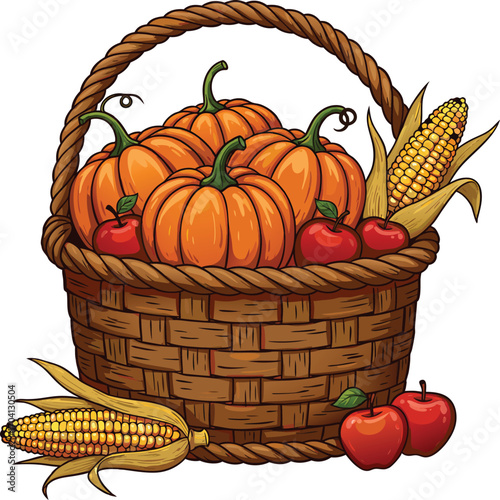 A wicker basket filled with pumpkins apples and corn for thanksgiving harvest festival