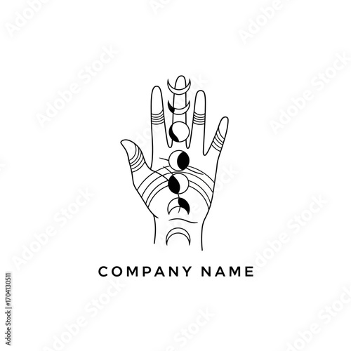 Mystical hand with moon phases celestial symbol logo.
