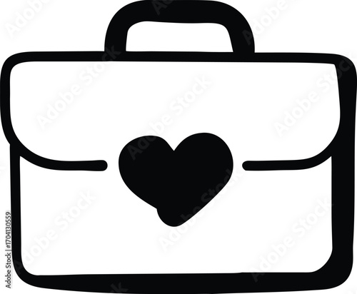 Hand Drawn Black Icon of a Briefcase with a Heart Symbol on a White Background luggage love