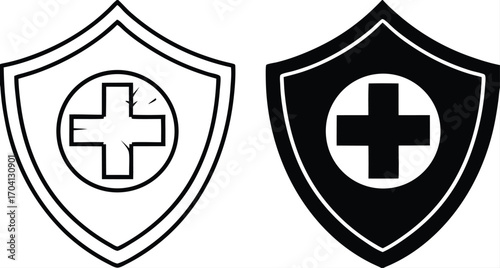 Health Protection Icons. Black and White Vector Illustrations. Shield and Plus Sign. Strengthening and Restoring Human Health, Preventing Diseases and Injuries. Concept Protection

