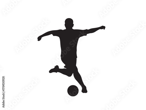 Football player kicking ball in silhouette white background.