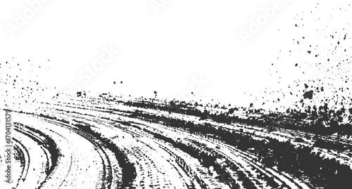 Grunge Tire Track Vector Texture | Curved Skid Mark with Dirt Splatter Overlay Grunge Tire Track Curved Skid Mark vector design on White Background.