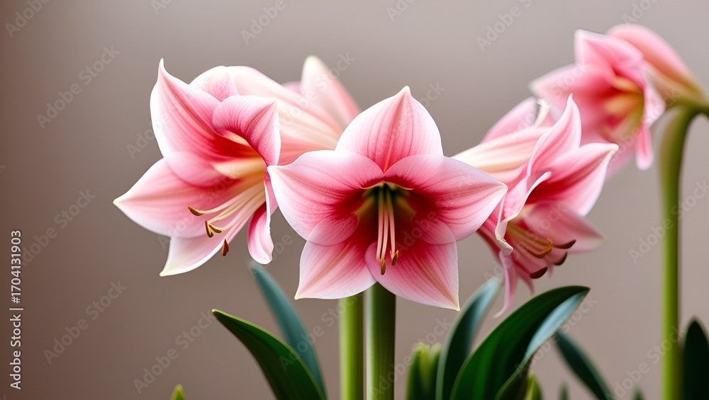 Fototapeta premium Closeup shot of delicate pink amaryllis flowers in full bloom, with soft green leaves in the background, captured in natural daylight