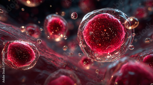 scientific microscope closeup of red cells and bubbles biology texture showing medical research and molecular structure with detailed focus on biological study