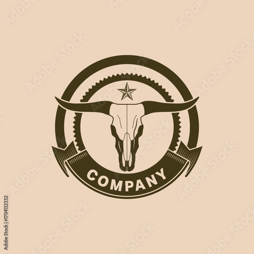 Western Cowboy Logo Template with Bull Skull and Star Badge