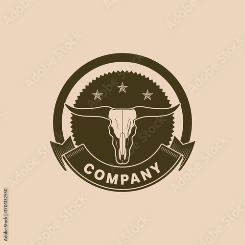 Western Cowboy Logo Template with Bull Skull and Star Badge