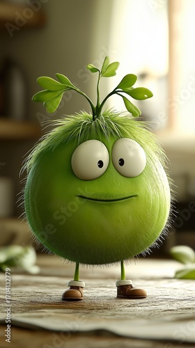 A cheerful round green character with big eyes and a sprout is in a warm, inviting room