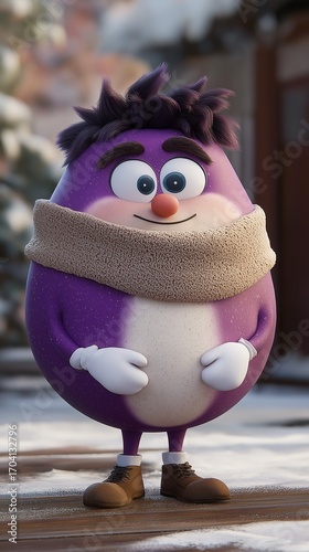 A playful purple character happily enjoys the winter wonderland, bundled up and smiling
