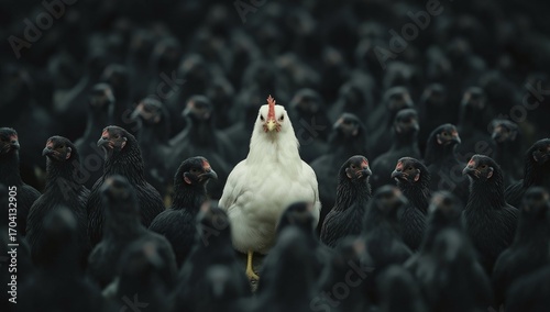 A distinct white chicken walks confidently among numerous black birds in a farmyard