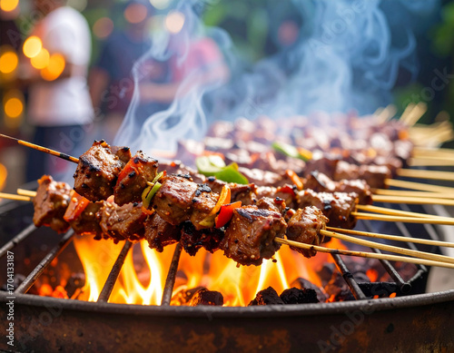 Grilled Meat Skewers over Open Flames on BBQ Grill with Smoke and Vegetables