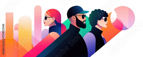 A vibrant, stylized illustration featuring three people wearing sunglasses, set against a colorful abstract background.