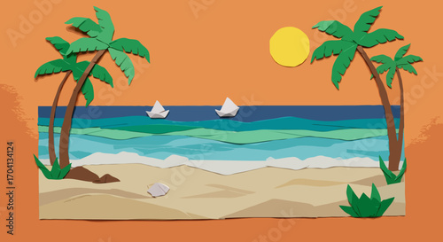 Serene Origami-Style Beach Scene with Palm Trees and Ocean in Warm Colors