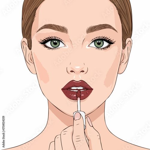 Woman Applying Red Lipstick on Lips with Copy Space