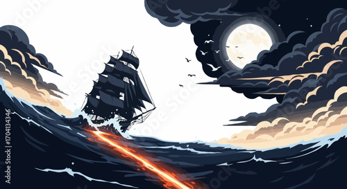 Pirate Ship Sailing Stormy Sea Under Full Moon
