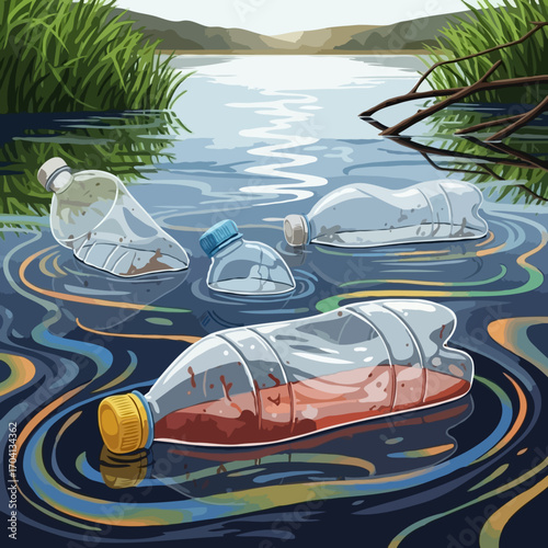 Plastic Bottles Floating in Polluted Lake