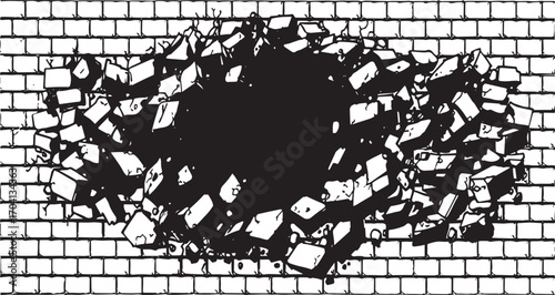 Vector Art of a Demolished Brick Wall with a Black Hole Exploding in the Center