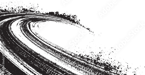 Grunge Tire Track Vector Texture | Curved Skid Mark with Dirt Splatter Overlay Grunge Tire Track Curved Skid Mark vector design on White Background.