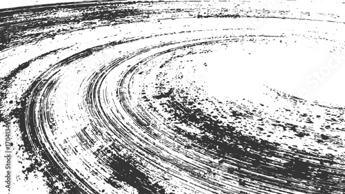 Grunge Tire Track Vector Texture | Curved Skid Mark with Dirt Splatter Overlay Grunge Tire Track Curved Skid Mark vector design on White Background.