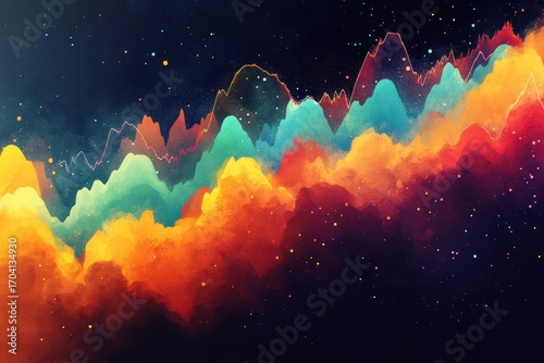 A vibrant, abstract landscape featuring colorful mountains and a starry background, blending orange, teal, and purple hues.