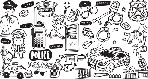 Police officer's equipment and tools, Hand drawn doodle, Black and white sketch, Criminal investigation.