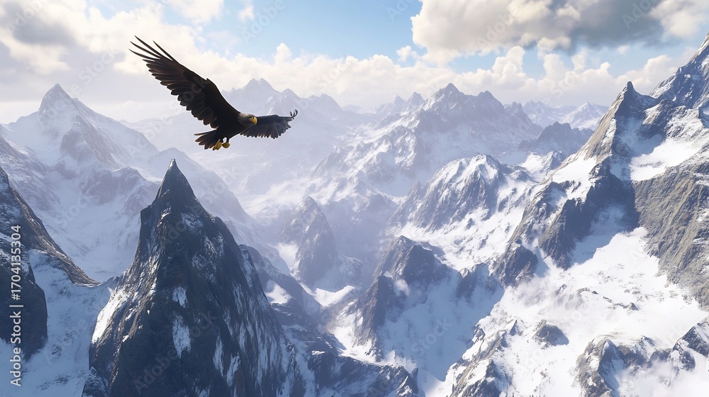 Fototapeta premium Majestic eagle soaring over snow capped mountains with the wind under its wings gliding high above a vast wilderness capturing the essence of freedom