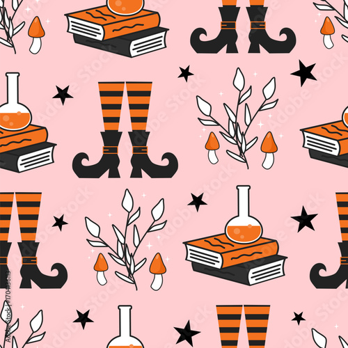 cute hand drawn cartoon halloween seamless vector pattern illustration with witch legs, magic books, plants, mushrooms and stars on pink background