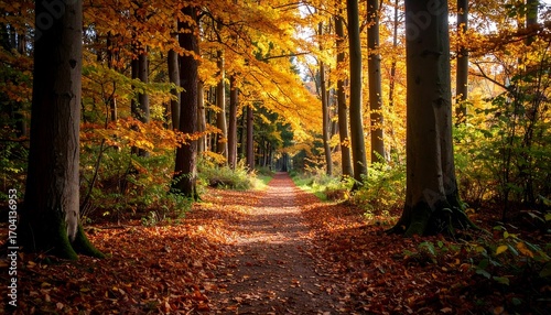Wallpaper Mural Autumnal forest path bathed in golden light Torontodigital.ca