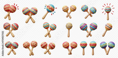 Collection of colorful maracas, some paired and crossed, others single, with decorative patterns on a transparent background.