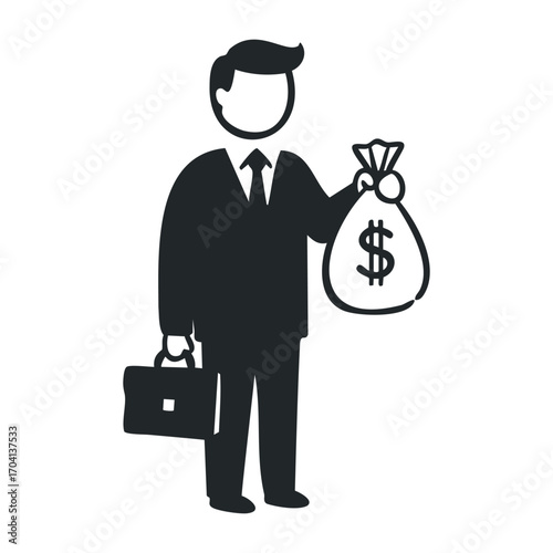 Businessman holding money bag office environment graphic illustration professional setting conceptual design. Vector illustration