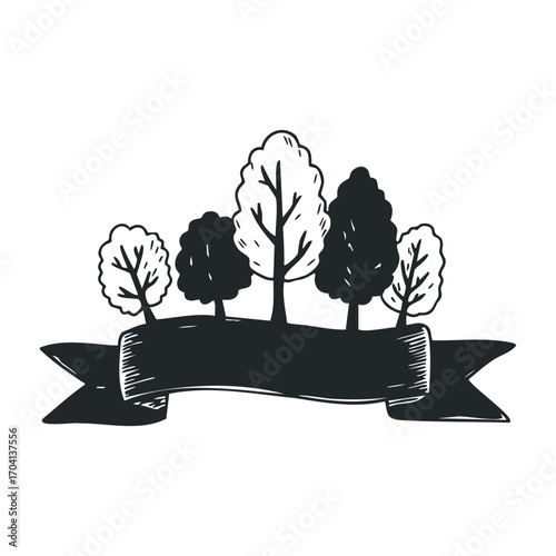 Nature inspired decorative banner with trees minimalist design black and white artistic environment simplistic view. Vector illustration