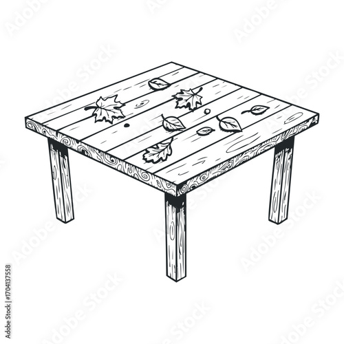 Artistic wooden table with leaves indoor setting illustration minimalist style top-down view nature concept. Vector illustration