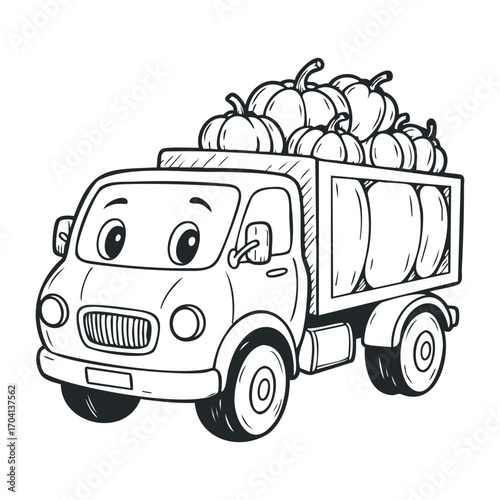 Harvesting pumpkins on a truck autumn market illustration rural setting side view seasonal celebration. Vector illustration