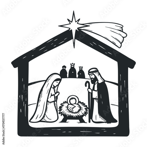 Nativity scene depiction bethlehem illustration christmas traditional artistic expression. Vector illustration