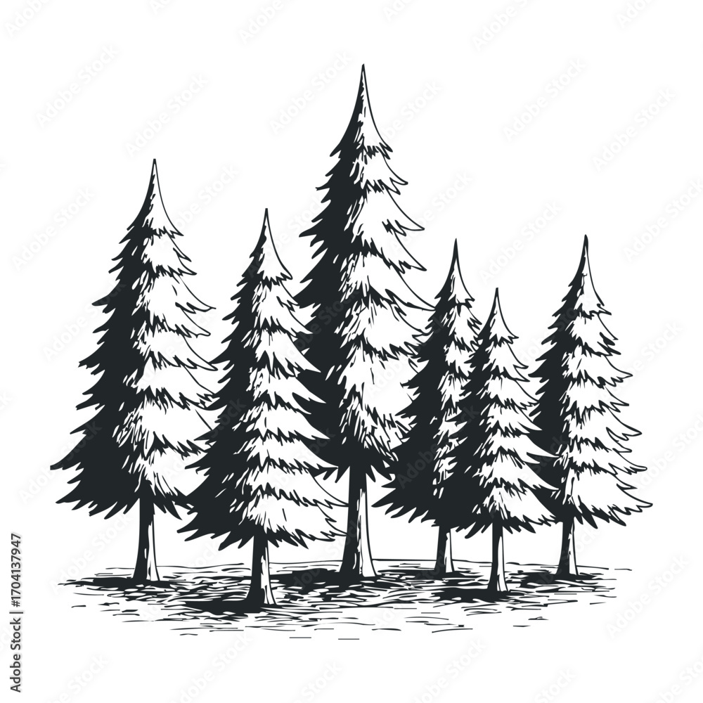 Obraz premium Majestic pine trees in nature botanical illustration scenic view minimalist style. Vector illustration