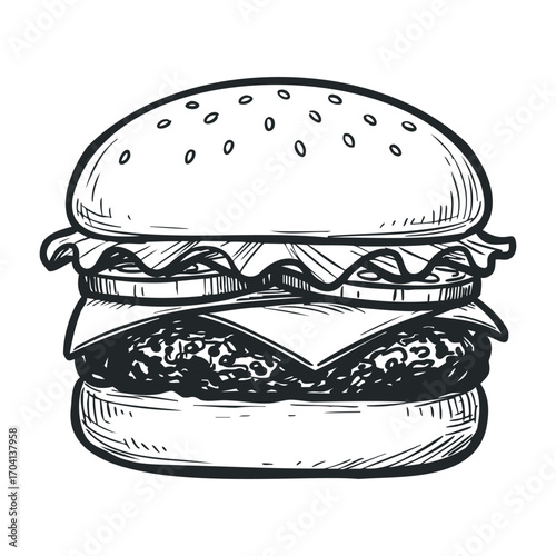 Delicious handmade burger fast food restaurant food illustration urban setting close-up view culinary delight. Vector illustration