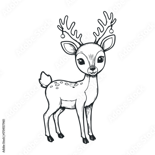Cute deer illustration nature scene hand-drawn art forest environment whimsical viewpoint. Vector illustration